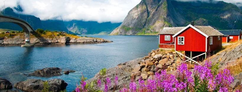 Vue bord de lac avec végétation, brume au loin et petites cabanes rouges sur le côté