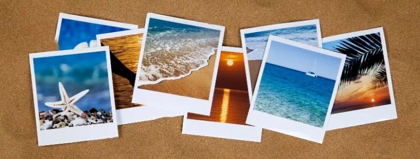 Polaroïds avec des photos de plage, de mer et de palmier.